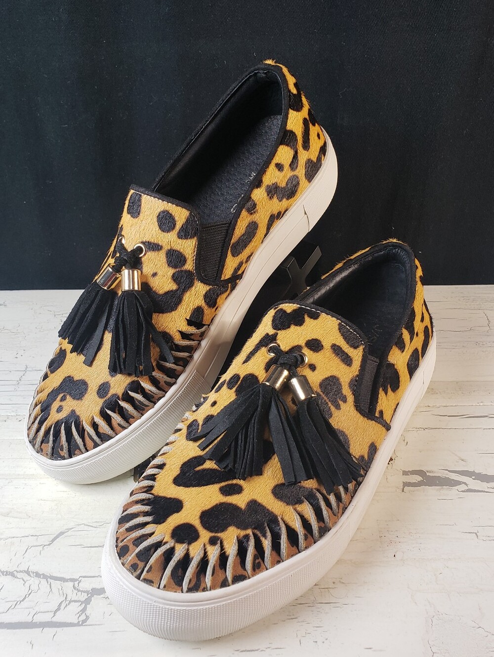 J/Slides NYC Aztec Leopard Print Calf Hair Slip-On Platform Sneakers - size 7.5